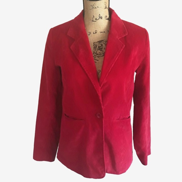 Red Corduroy Classic Single Breasted Women's Lined Blazer Single Button Sz XS - Picture 1 of 15